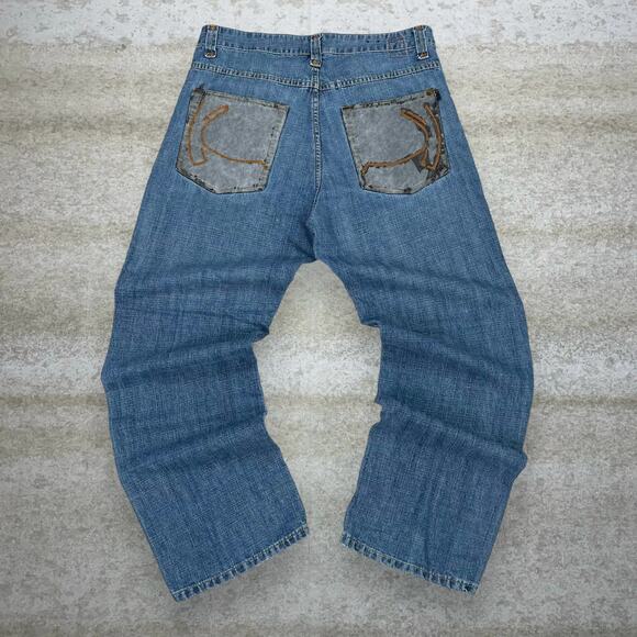 Vintage Skater Wide Leg Jeans Kani Medium Wash Baggy Denim Embroidered Y2K - Picture 1 of 4